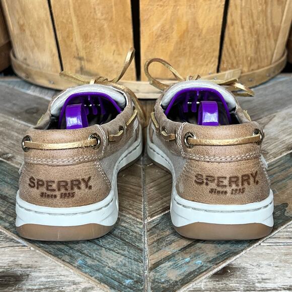 Sperry Angelfish Tan Gold Leather Canvas Lace-Up Boat Shoes Womens Size 5 - Picture 6 of 11